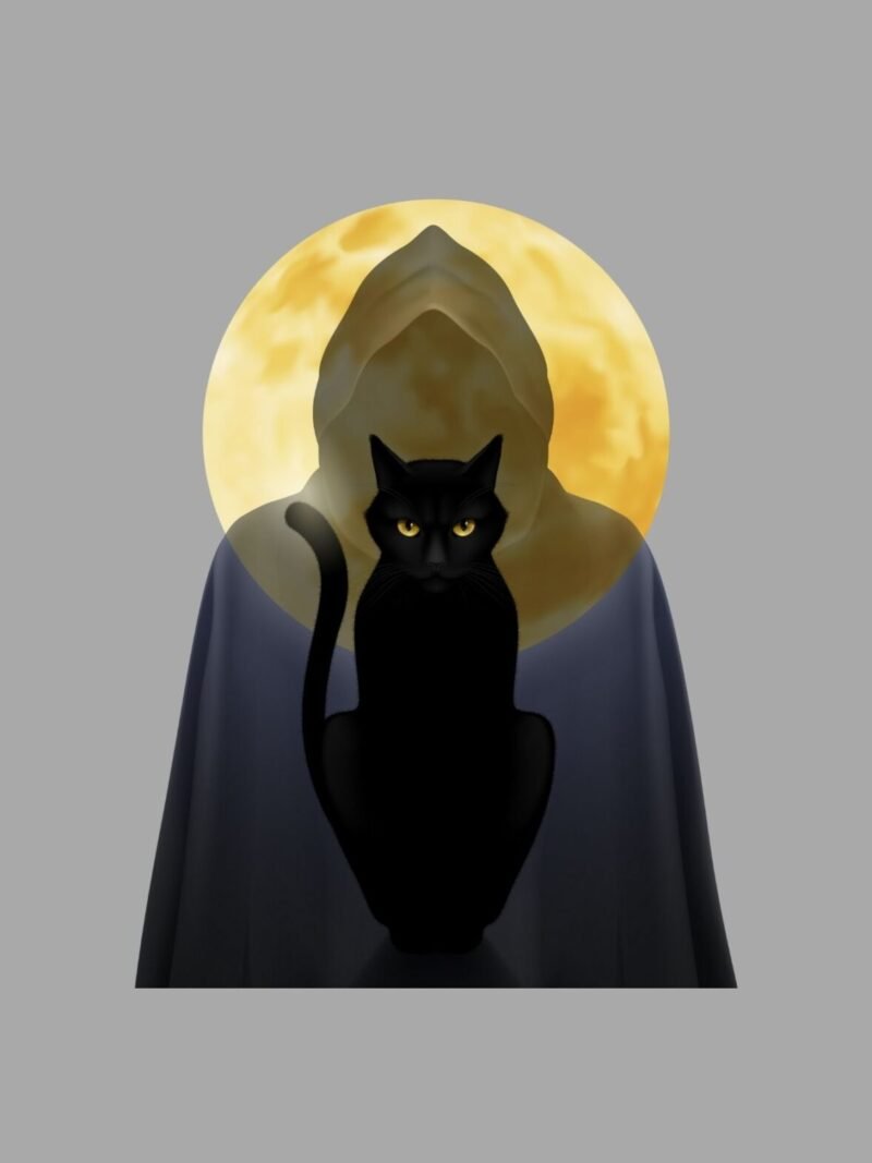 Halloween iPhone wallpaper with moonlit ghost cat on gray background