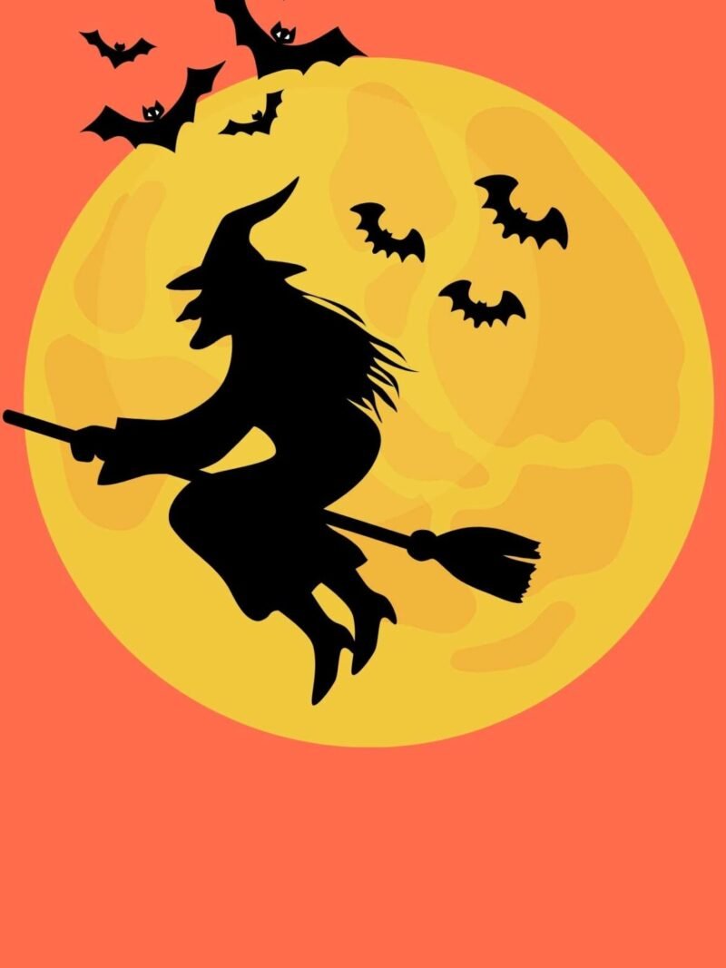 Halloween iPhone wallpaper with witch flying on broom across coral orange background