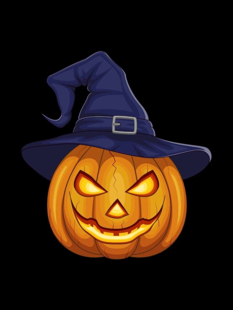 Halloween iPhone wallpaper with witch hat placed on pumpkin against black background