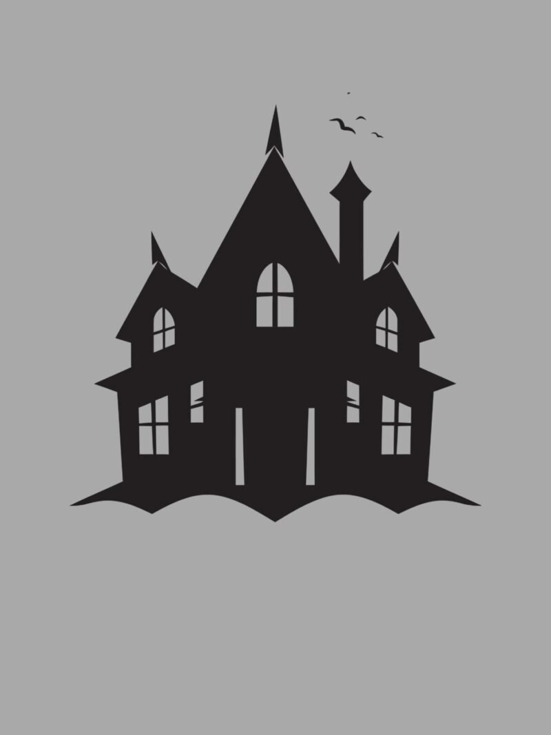 Halloween iPhone wallpaper with haunted witch house on gray background