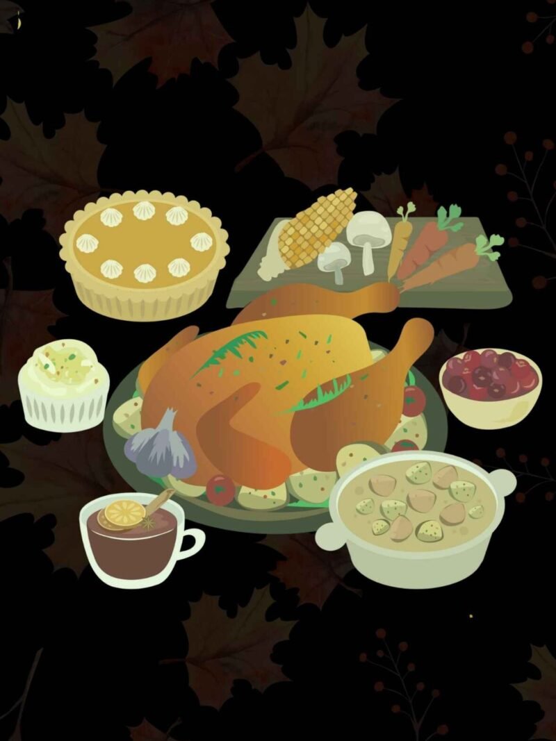 Thanksgiving iPhone wallpaper with a classic holiday dinner on black background.