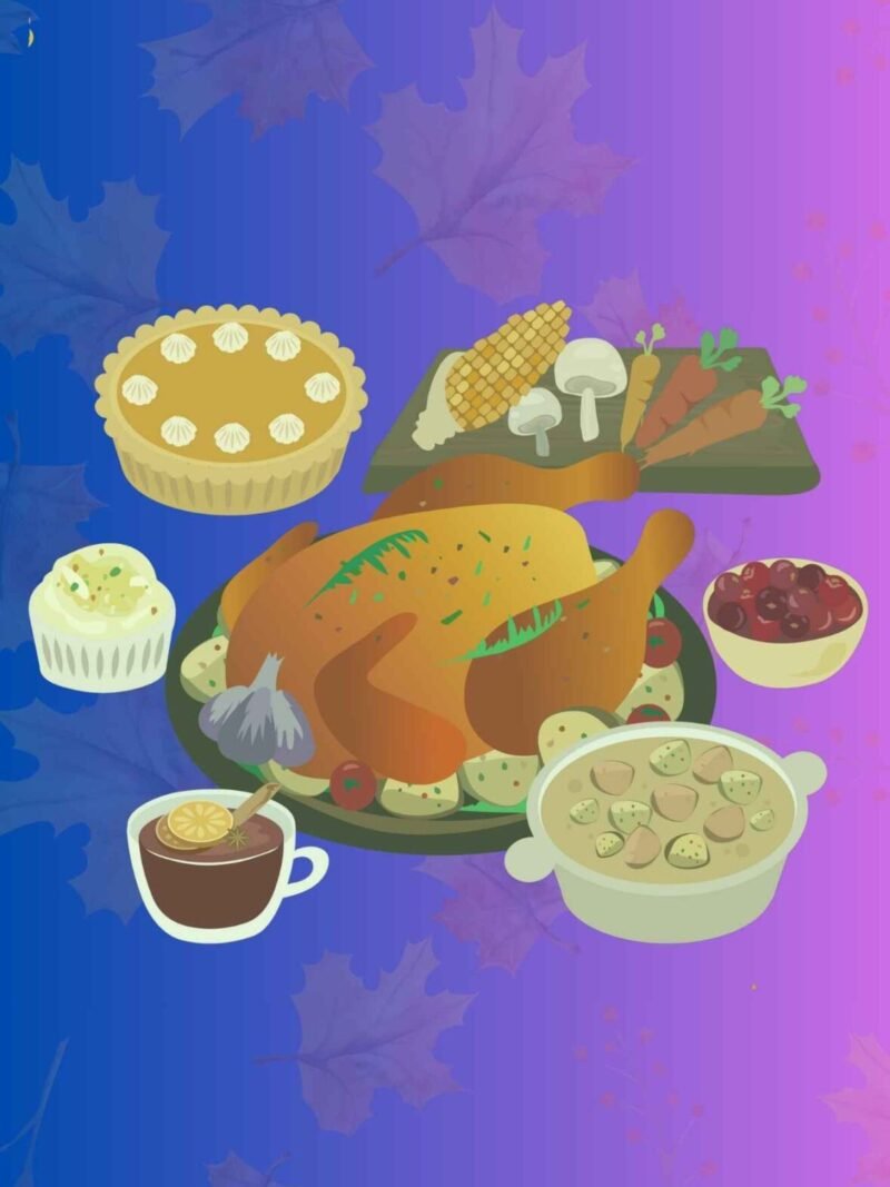 Thanksgiving dinner wallpaper with purple gradient background.
