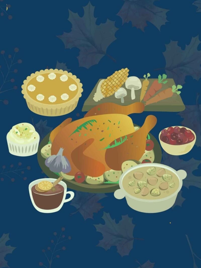 Thanksgiving iPhone wallpaper with a holiday dinner and light blue background.