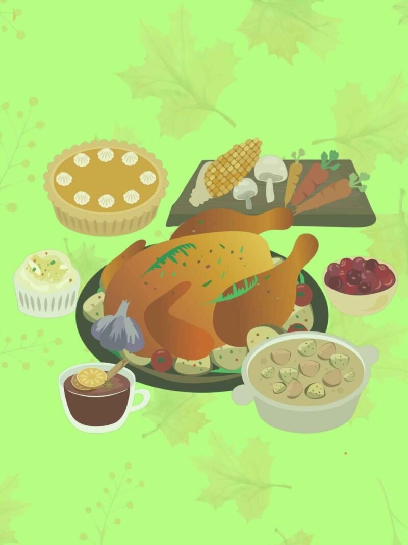 Classic Thanksgiving dinner wallpaper with a light green background.