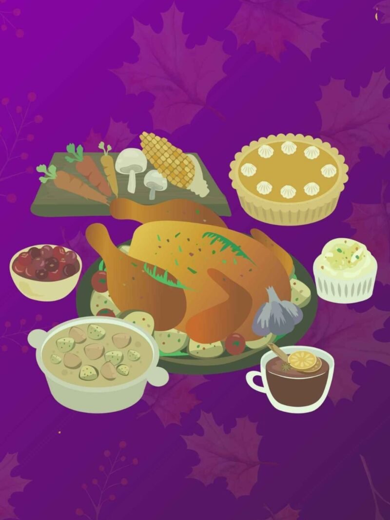 Thanksgiving dinner iPhone wallpaper with a light purple gradient background.