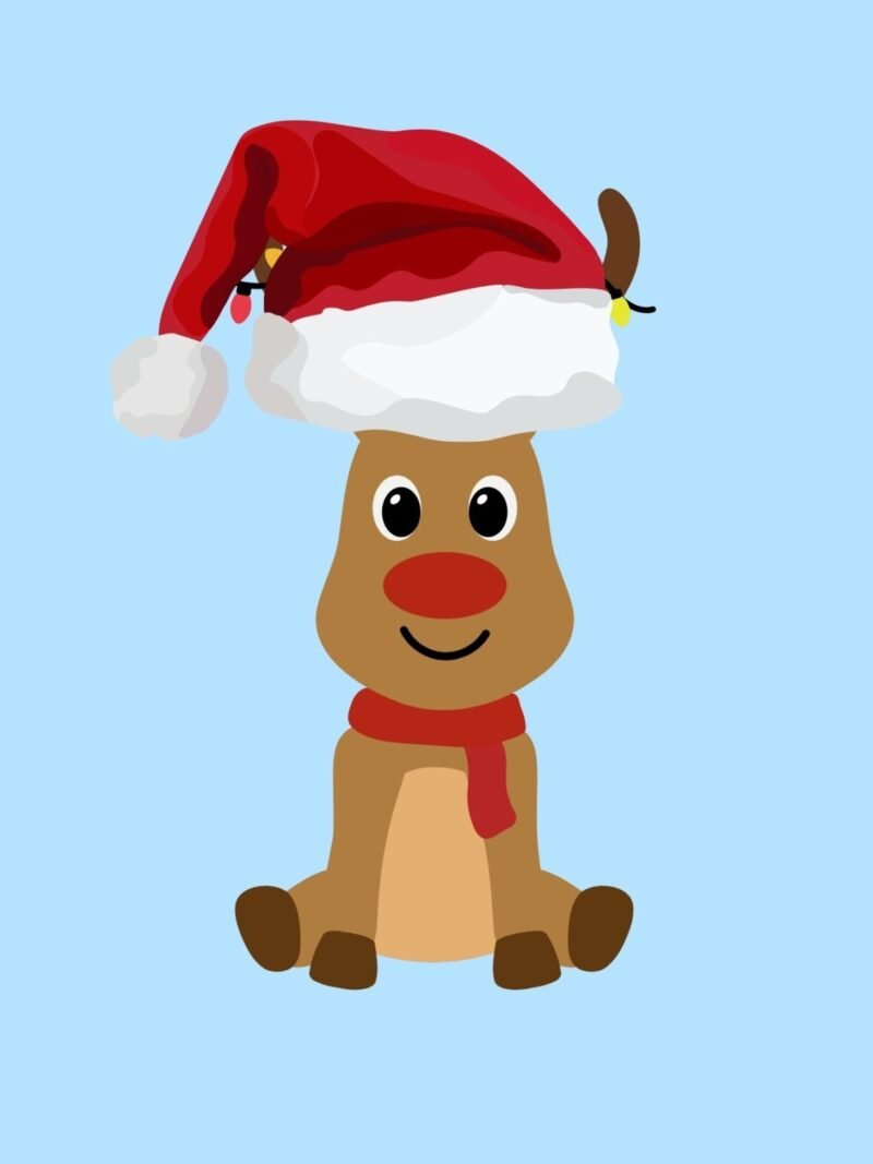 iPhone Cute Christmas Wallpaper featuring a cute festive reindeer on a baby blue background, playful Christmas phone wallpaper download.