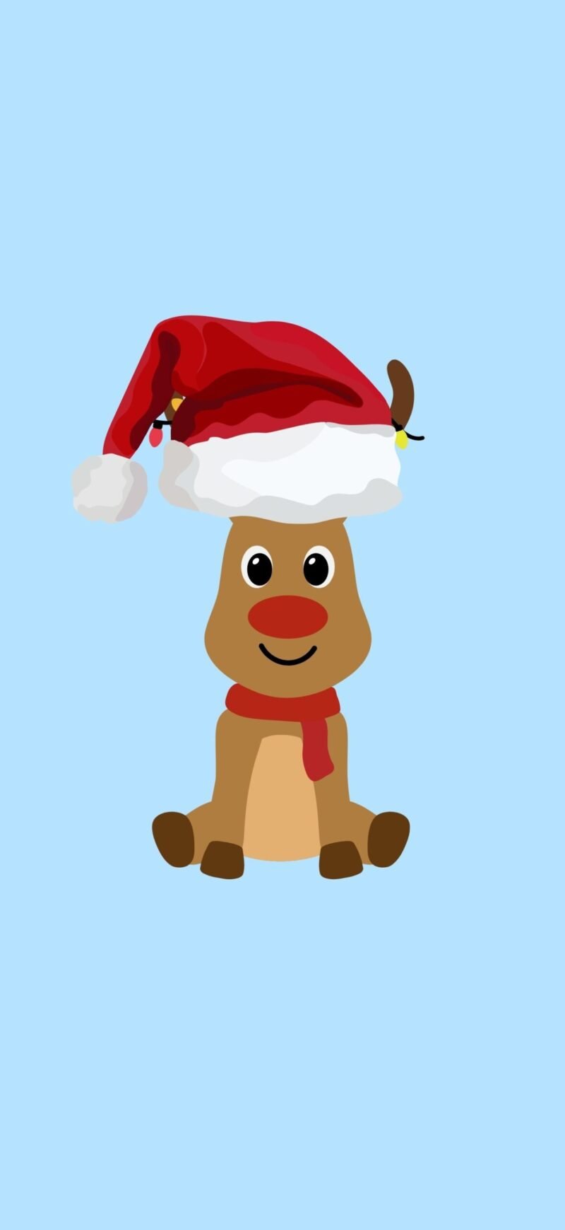 iPhone Cute Christmas Wallpaper featuring a cute festive reindeer on a baby blue background, playful Christmas phone wallpaper download.