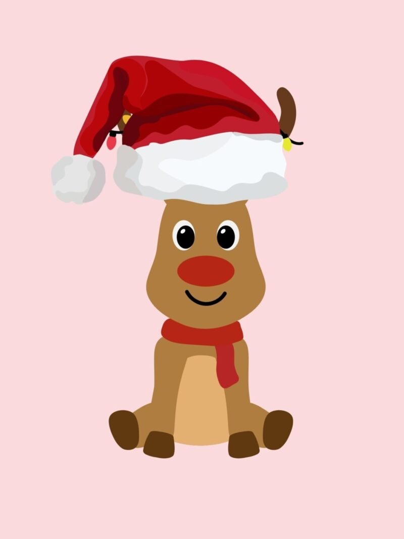 iPhone Cute Christmas Wallpaper featuring a festive reindeer on a pastel pink background, playful and stylish Christmas phone wallpaper download.