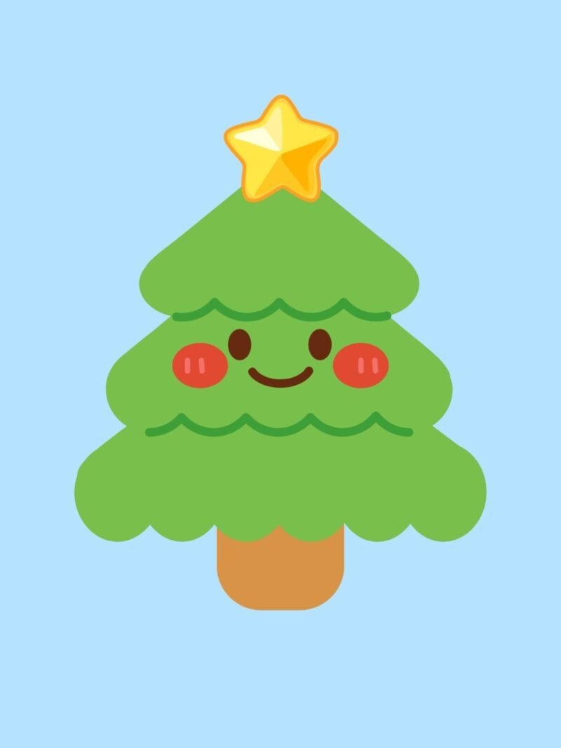 iPhone Cute Christmas Wallpaper featuring a very cute Christmas tree on baby blue background, playful and festive Christmas phone wallpaper download.