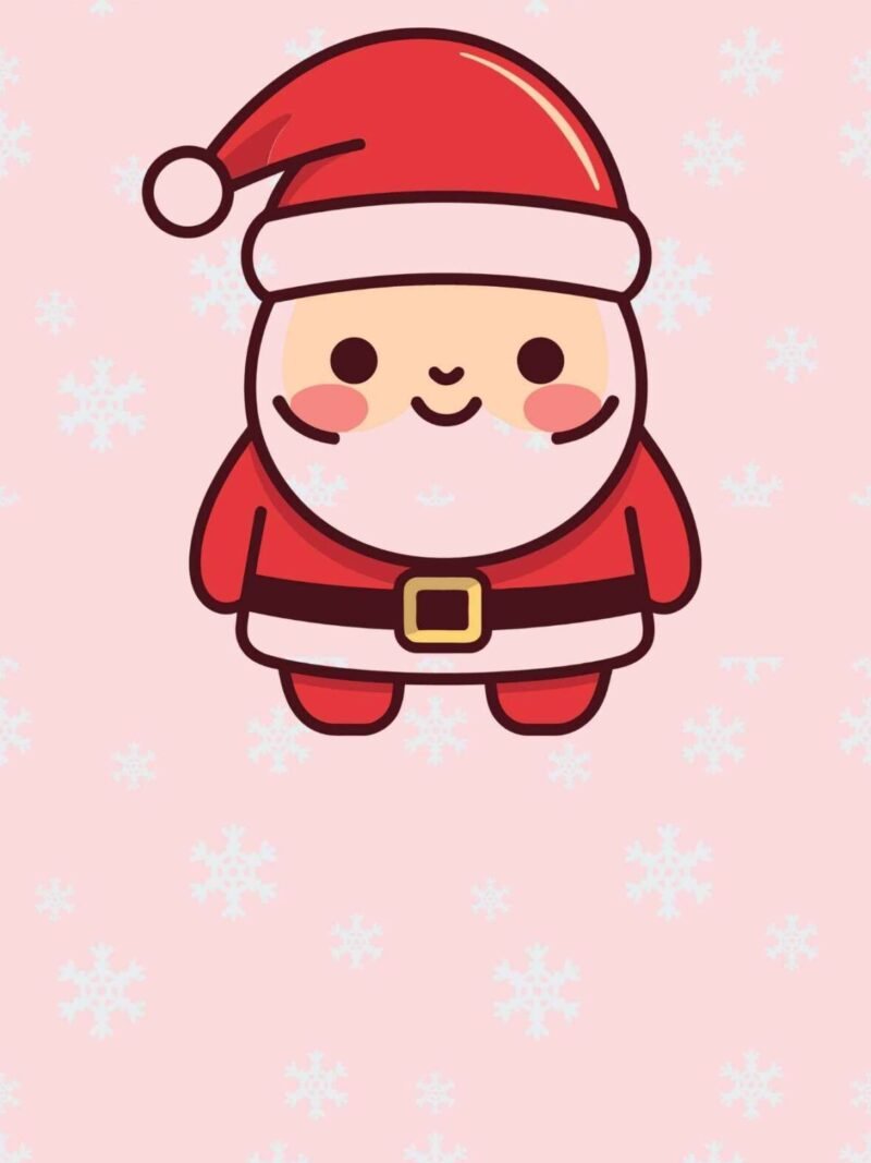 iPhone Cute Christmas Wallpaper with Santa Peek-a-Boo in snowy pastel pink background, playful and festive Christmas phone wallpaper download.
