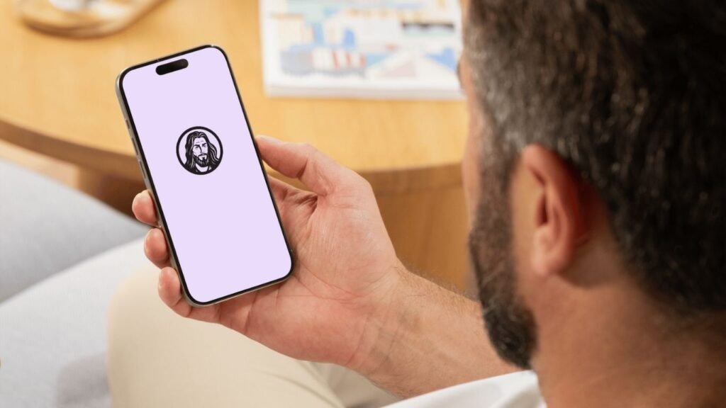 A person holding an iPhone showing a calming Jesus Christ iPhone Wallpaper, offering comfort and spiritual connection.
